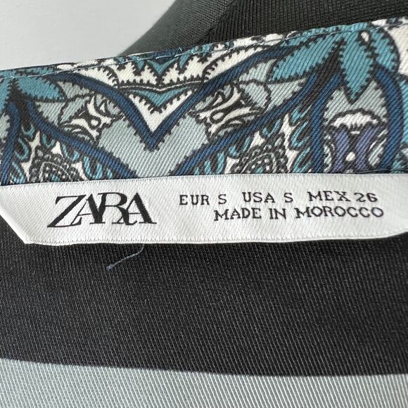 ZARA Black/Blue S Popover Blouse Paisley Print Hi Lo Hem V-Neck Long Sleeves - Picture 9 of 9